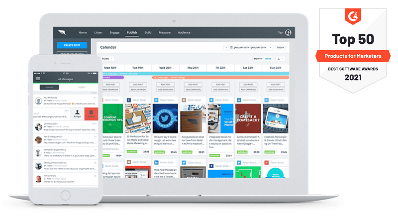 Screenshot und Beispielbild der falcon.io-Plattform für Social Media Management